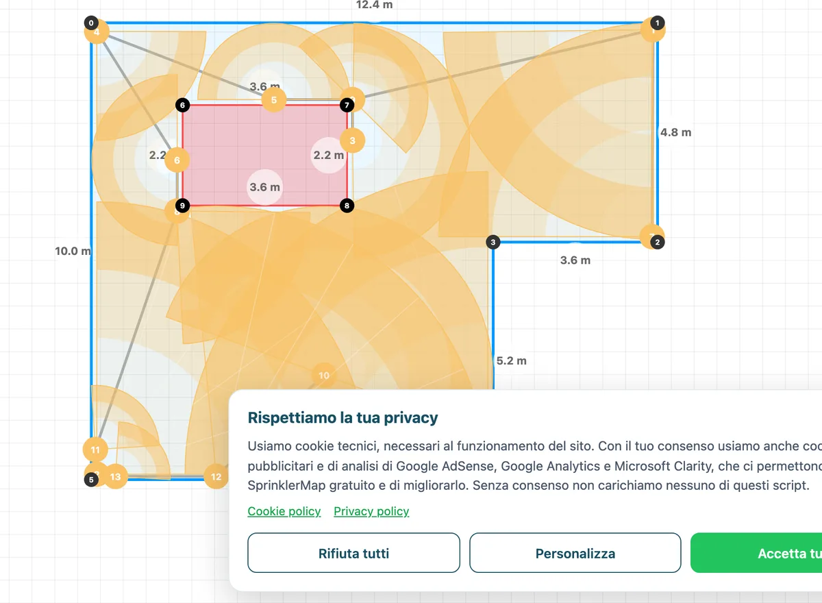 SACO Voronoi: 14 irrigatori con punti di partenza distribuiti in base allo spazio libero. Copertura 89,0%.