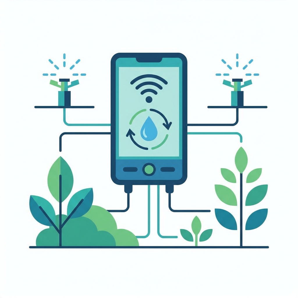 Programmatore smart su smartphone collegato via Wi-Fi agli irrigatori del giardino, con il ciclo dell’acqua sullo schermo