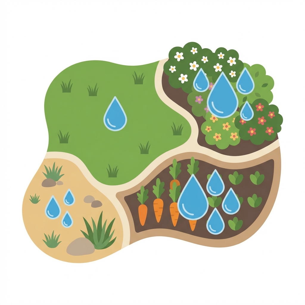 Quattro idrozone dello stesso giardino — prato, aiuola fiorita, orto e zona arida — con fabbisogni idrici diversi rappresentati da gocce di dimensione diversa