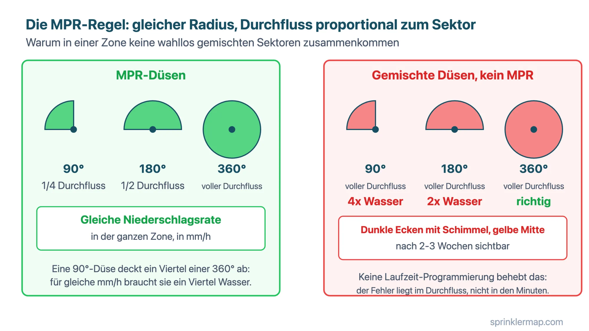 Mit MPR-Düsen skaliert der Durchfluss mit dem Sektor (ein Viertel bei 90°, die Hälfte bei 180°, voll bei 360°) und die Niederschlagsrate bleibt gleich; mit gemischten Düsen bekommen die Ecken die vierfache Menge der Mitte, und keine Laufzeit behebt das